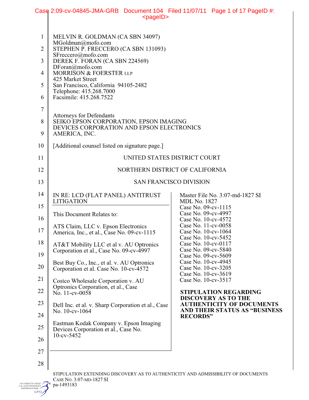 Case 2:09-Cv-04845-JMA-GRB Document 104 Filed 11/07/11 Page