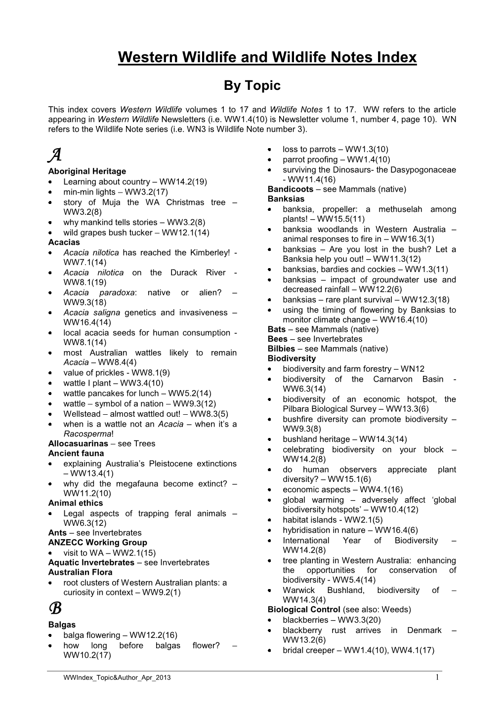 Western Wildlife and Wildlife Notes Index