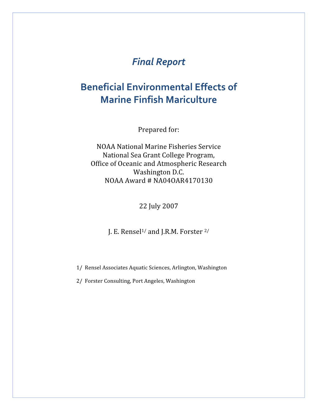Final Report Beneficial Environmental Effects of Marine Finfish Mariculture