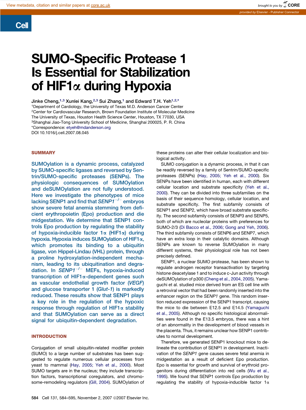 SUMO-Specific Protease 1 Is Essential for Stabilization of Hif1a