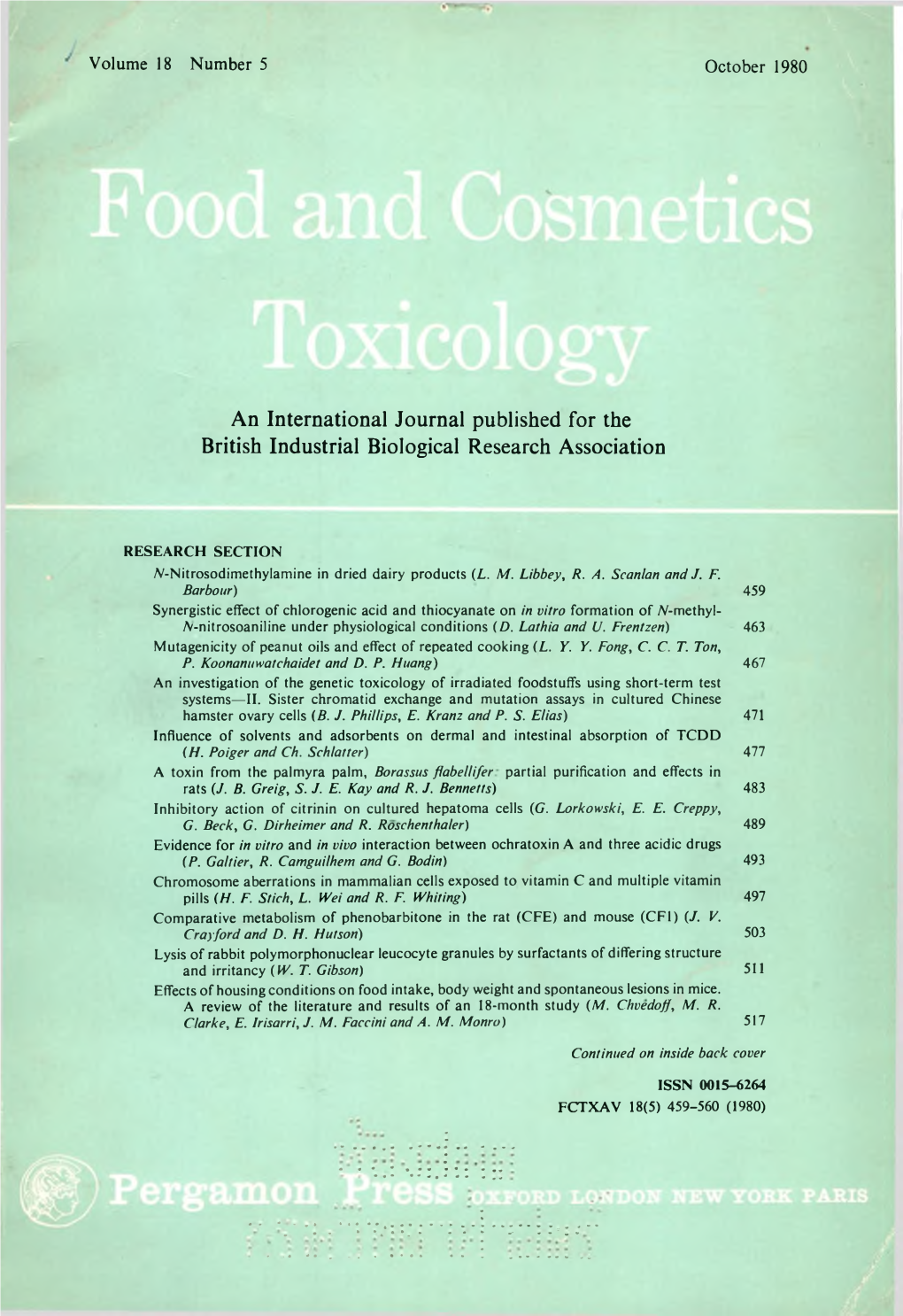 Food and Cosmetics Toxicology 1980 Volume 18 No.5