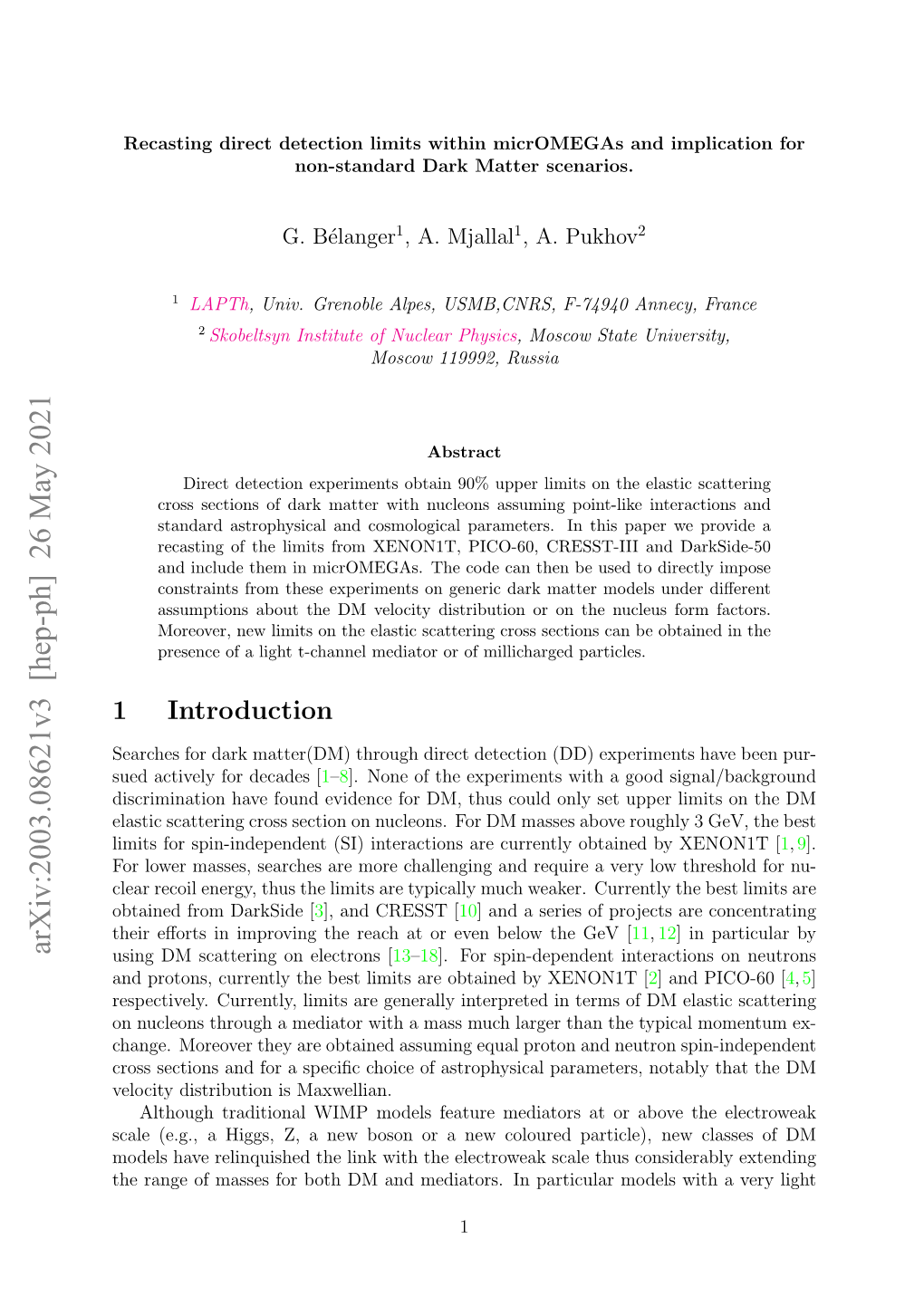 Arxiv:2003.08621V3 [Hep-Ph] 26 May 2021 Using DM Scattering on Electrons [13–18]