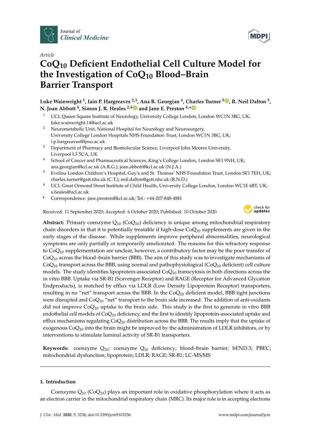 Coq10 Deficient Endothelial Cell Culture Model for the Investigation of Coq10 Blood–Brain Barrier Transport