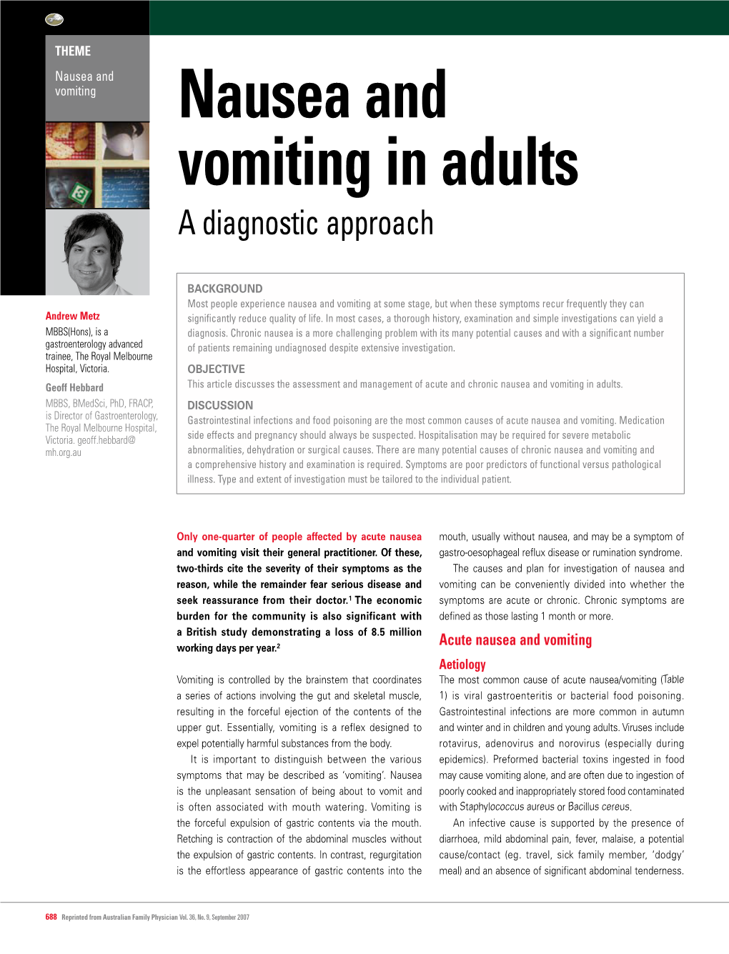 Nausea and Vomiting in Adults/A Diagnostic Approach