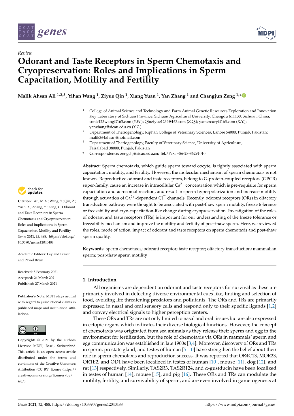 Odorant and Taste Receptors in Sperm Chemotaxis and Cryopreservation: Roles and Implications in Sperm Capacitation, Motility and Fertility