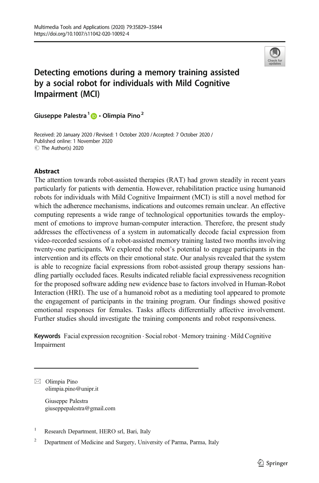 Detecting Emotions During a Memory Training Assisted by a Social Robot for Individuals with Mild Cognitive Impairment (MCI)