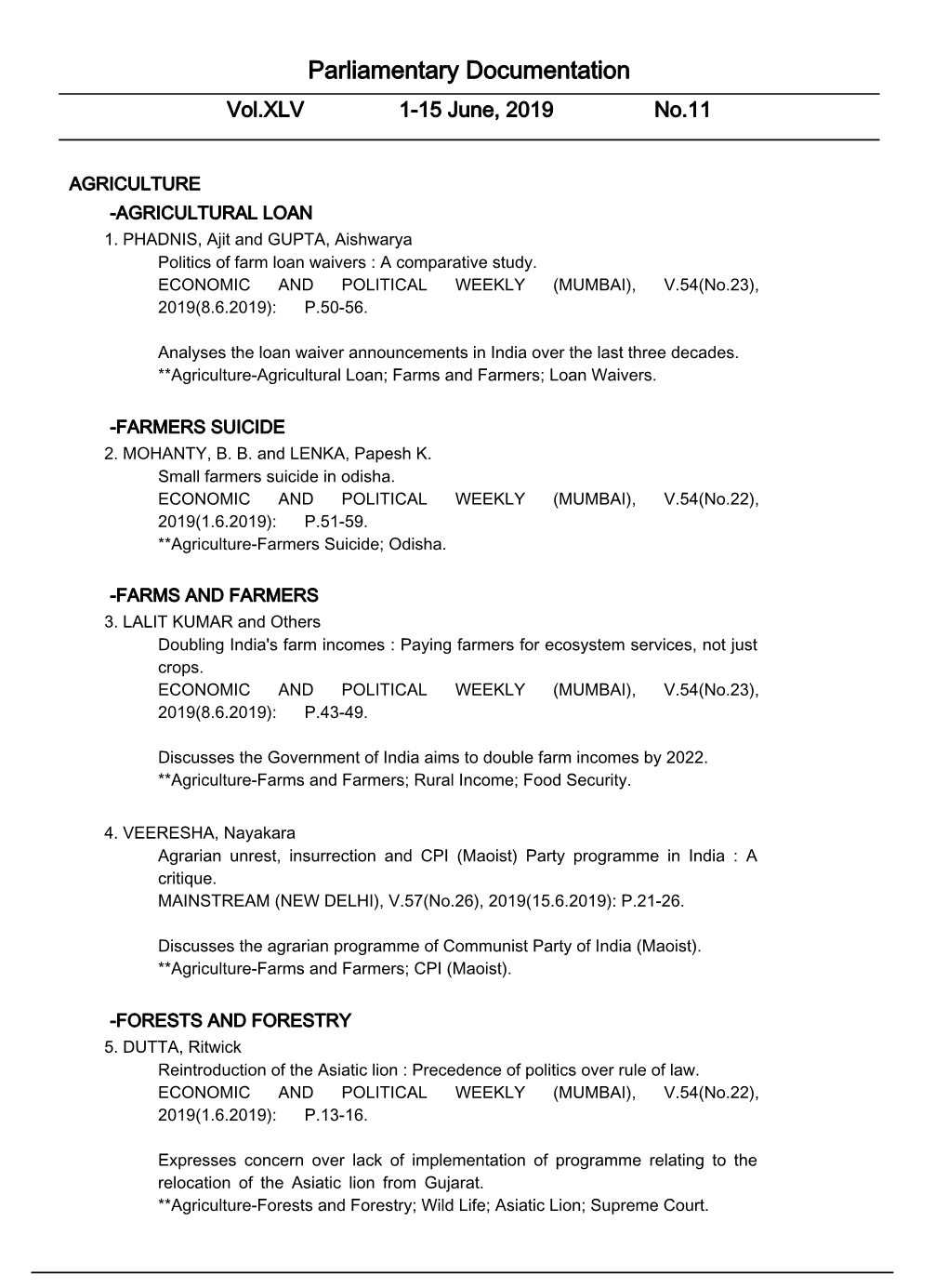 Parliamentary Documentation Vol.XLV 1-15 June, 2019 No.11