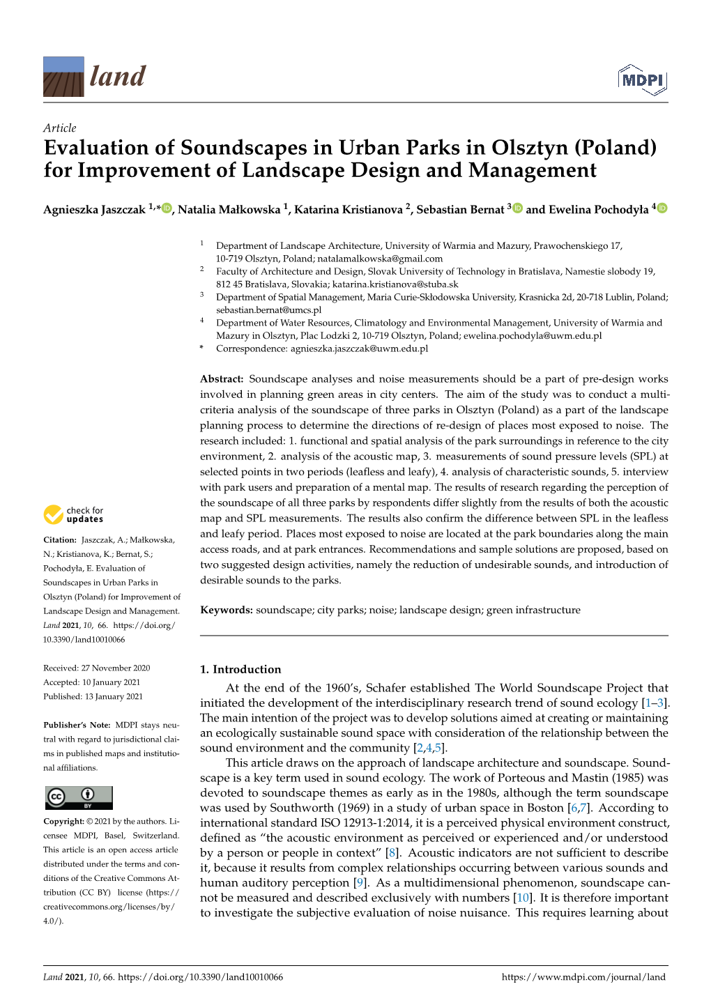 Evaluation of Soundscapes in Urban Parks in Olsztyn (Poland) for Improvement of Landscape Design and Management