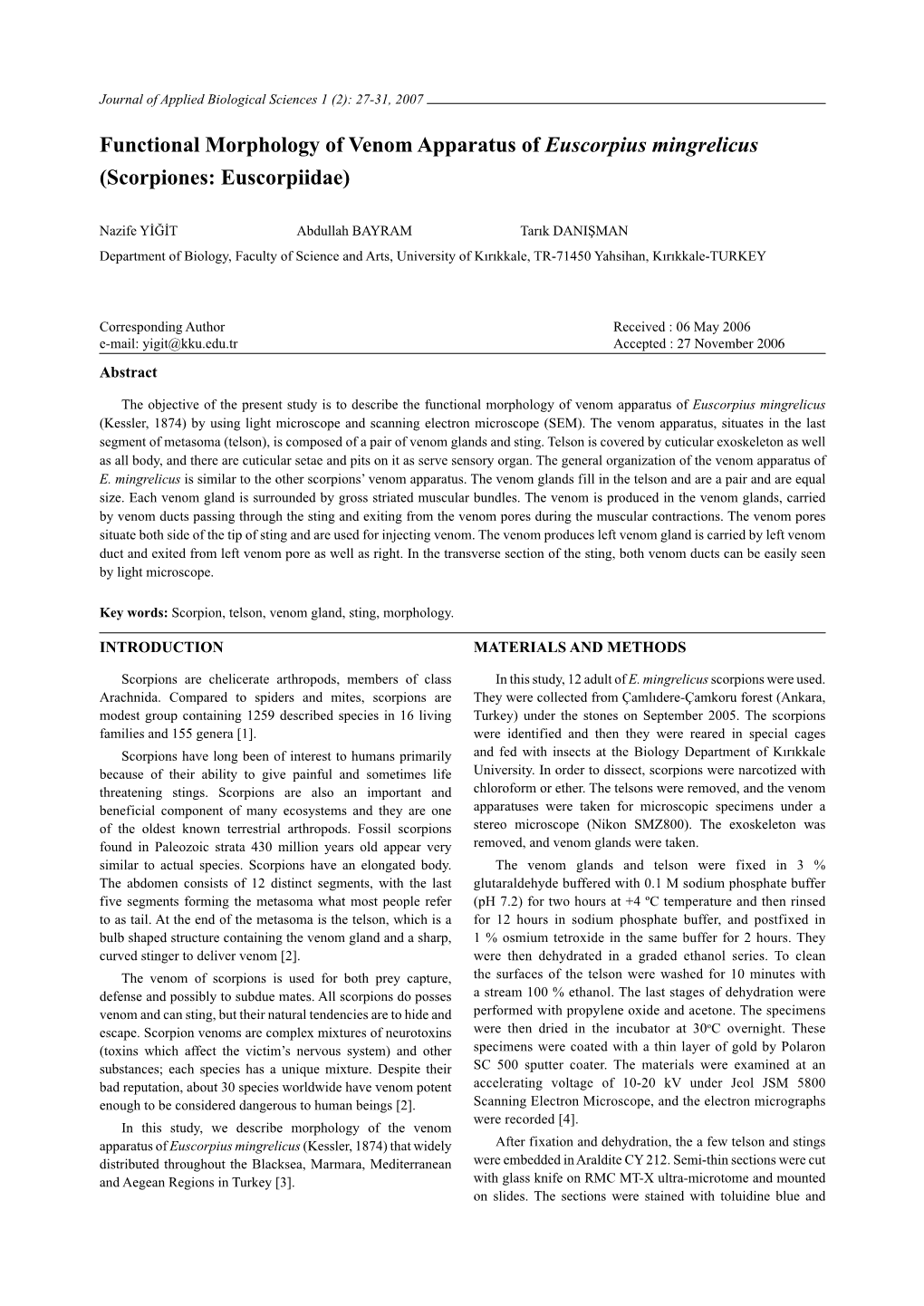 Functional Morphology of Venom Apparatus of Euscorpius Mingrelicus (Scorpiones: Euscorpiidae)