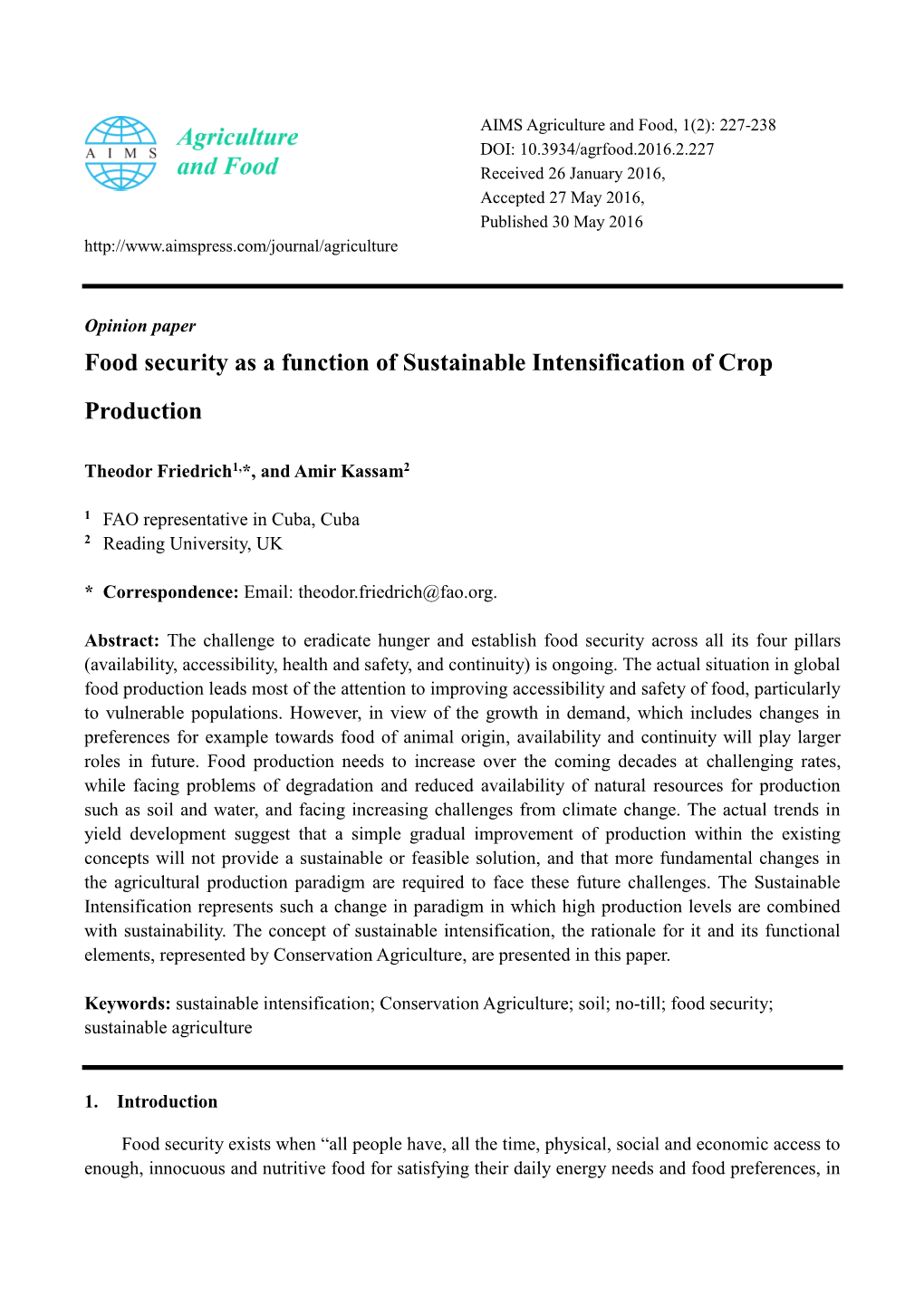 Food Security As a Function of Sustainable Intensification of Crop Production