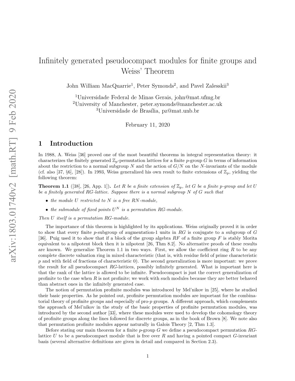 Infinitely Generated Pseudocompact Modules for Finite Groups and Weiss
