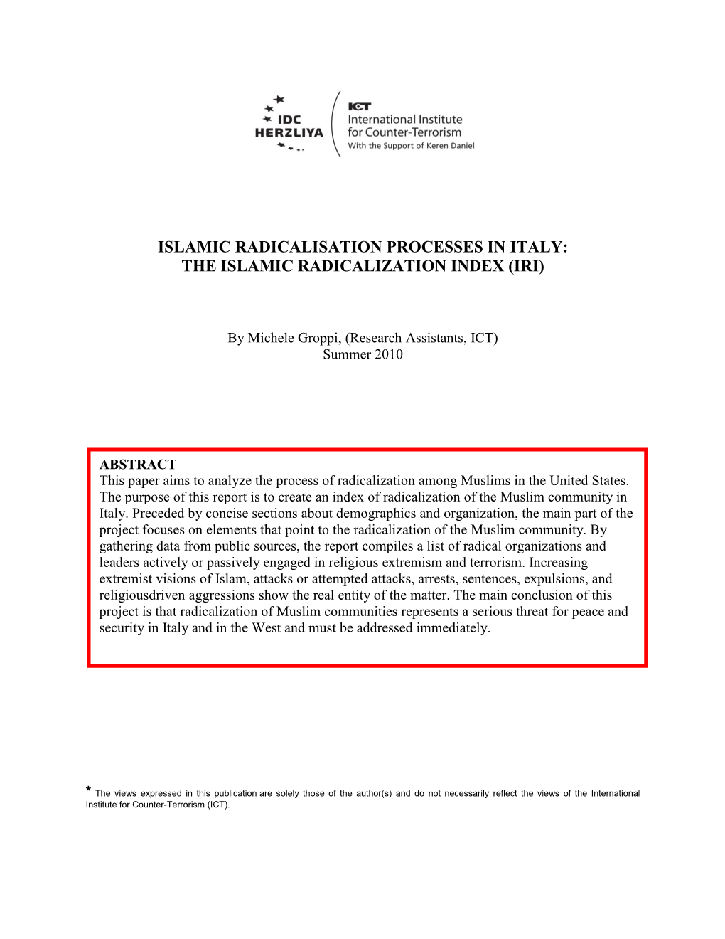 Islamic Radicalisation Processes in Italy: the Islamic Radicalization Index (Iri)