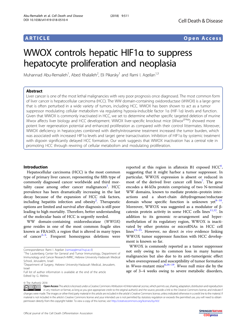 WWOX Controls Hepatic HIF1Î± to Suppress Hepatocyte Proliferation