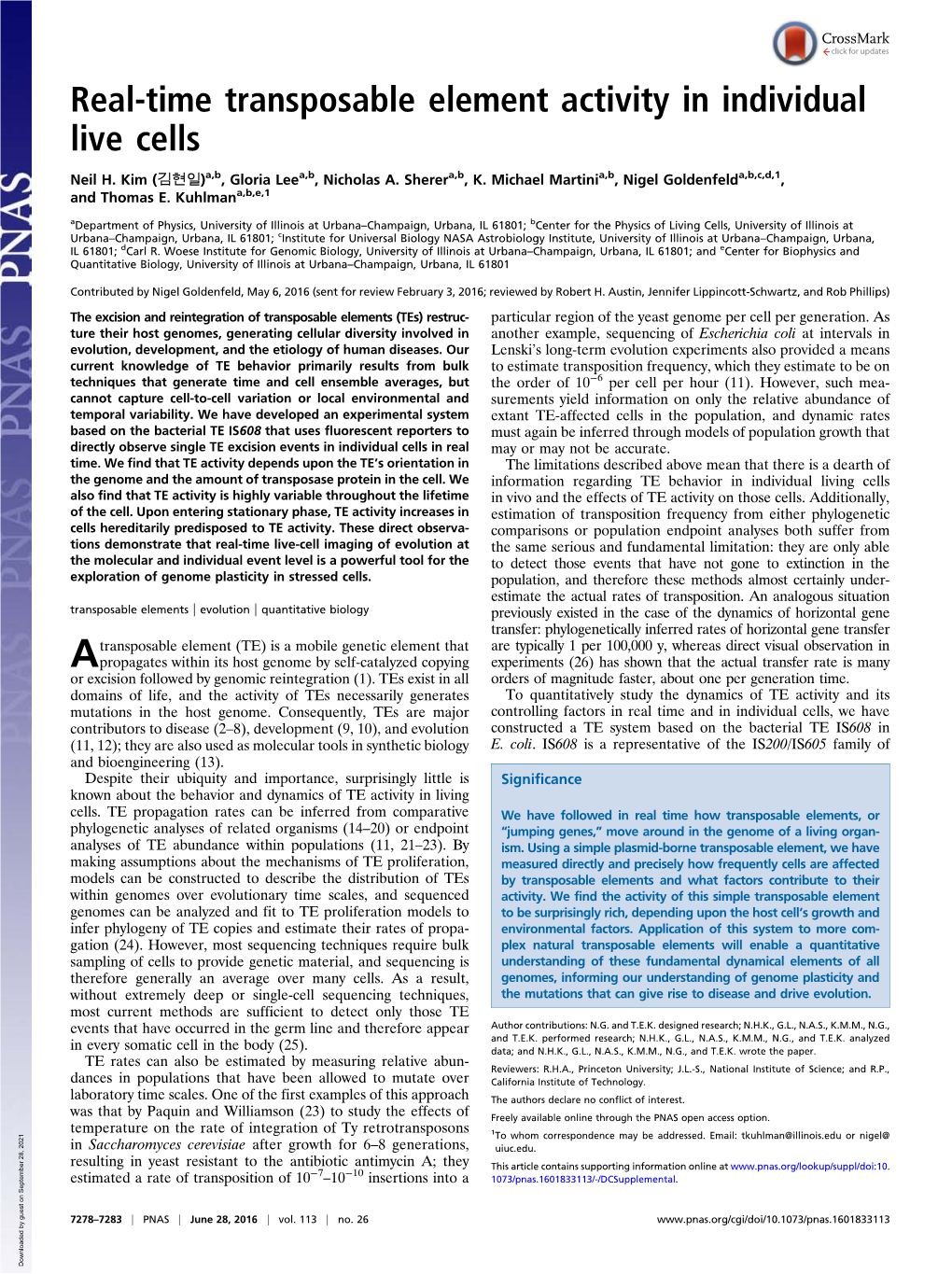 Real-Time Transposable Element Activity in Individual Live Cells