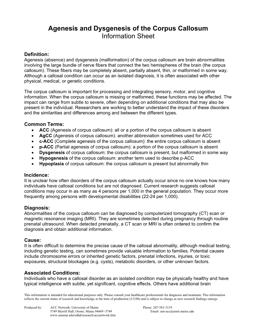 Agenesis and Dysgenesis of the Corpus Callosum Information Sheet