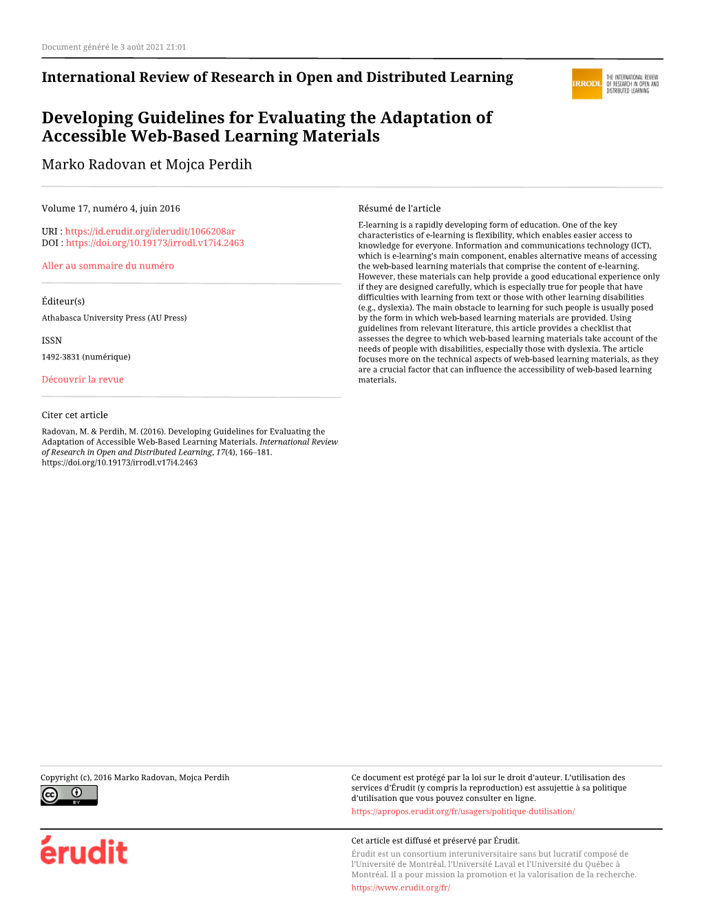 Developing Guidelines for Evaluating the Adaptation of Accessible Web-Based Learning Materials Marko Radovan Et Mojca Perdih
