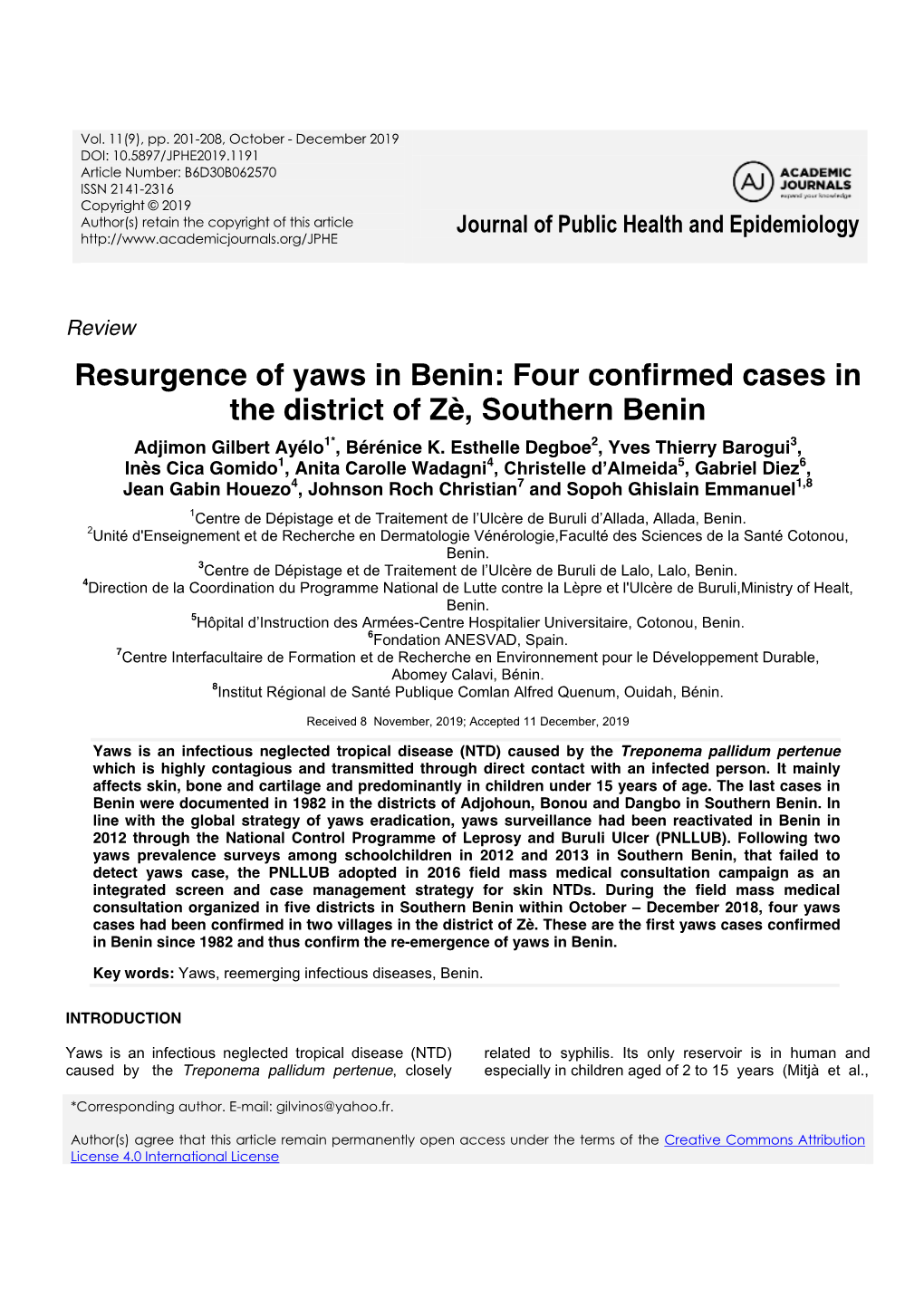 Resurgence of Yaws in Benin: Four Confirmed Cases in the District of Zè, Southern Benin
