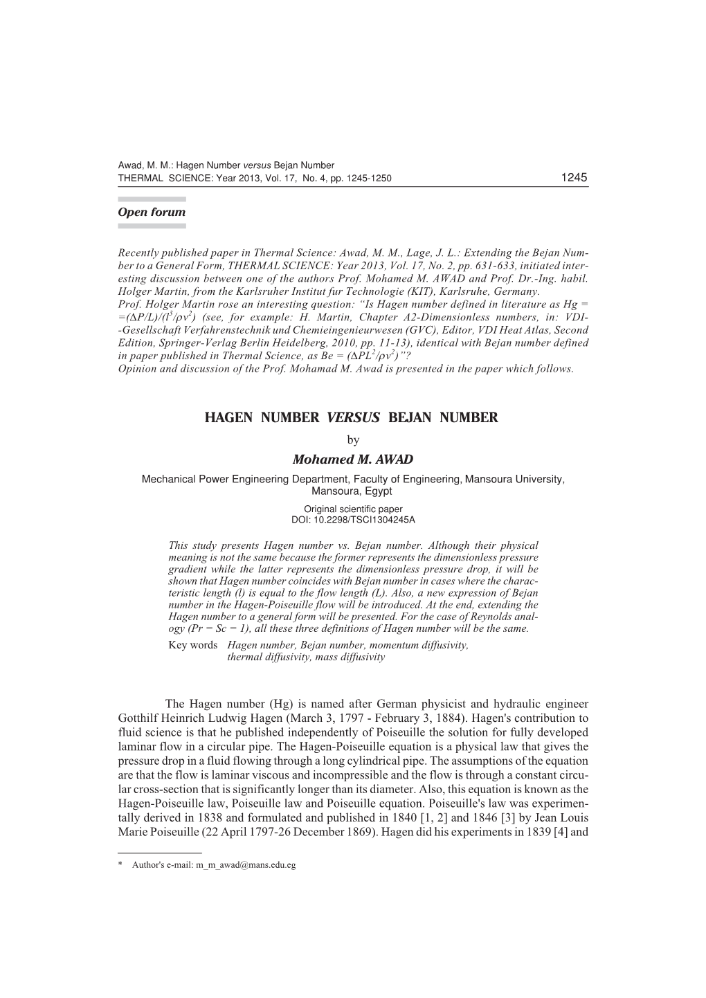 Hagen Number Versus Bejan Number THERMAL SCIENCE: Year 2013, Vol