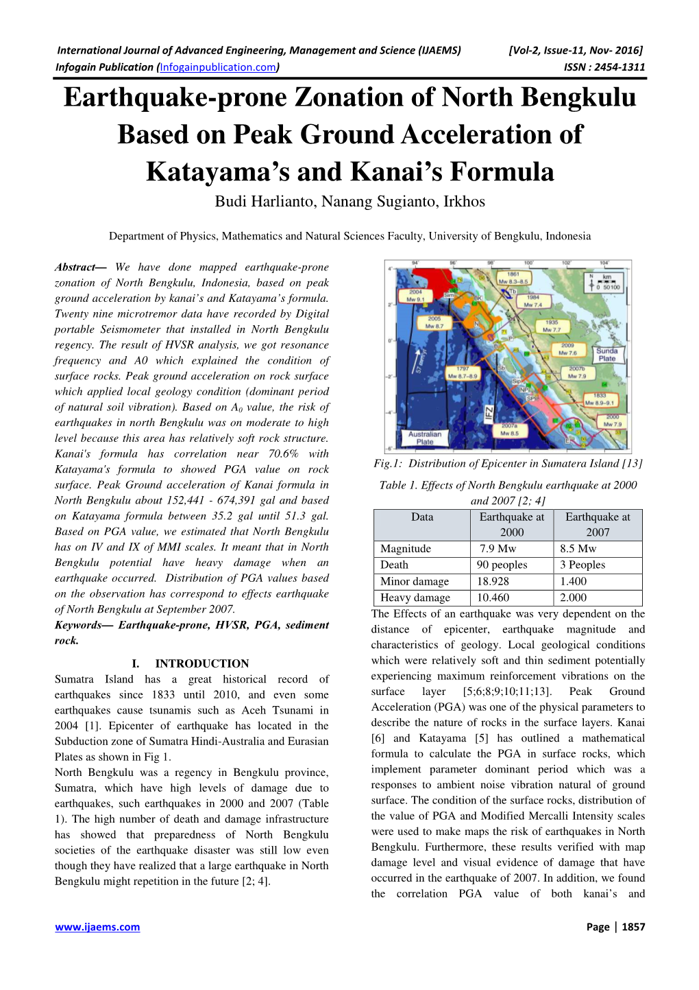 Earthquake-Prone Zonation of North Bengkulu Based on Peak Ground Acceleration of Katayama’S and Kanai’S Formula Budi Harlianto, Nanang Sugianto, Irkhos