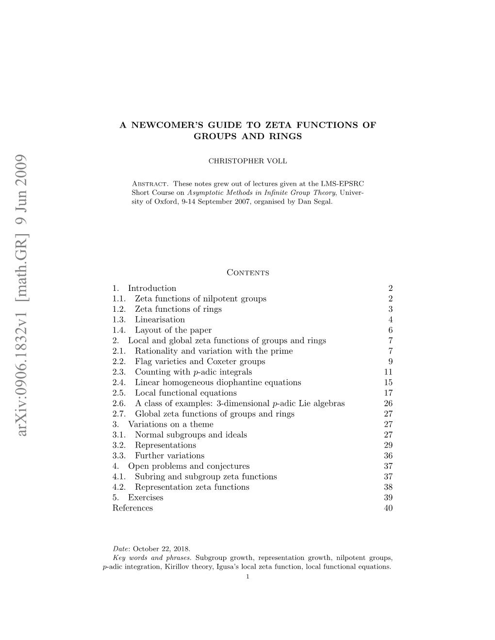 Arxiv:0906.1832V1 [Math.GR] 9 Jun 2009 P Ai Nerto,Krlo Hoy Gs’ Oa Eafun Zeta Local Igusa’S Theory, Kirillov Integration, -Adic E Od N Phrases