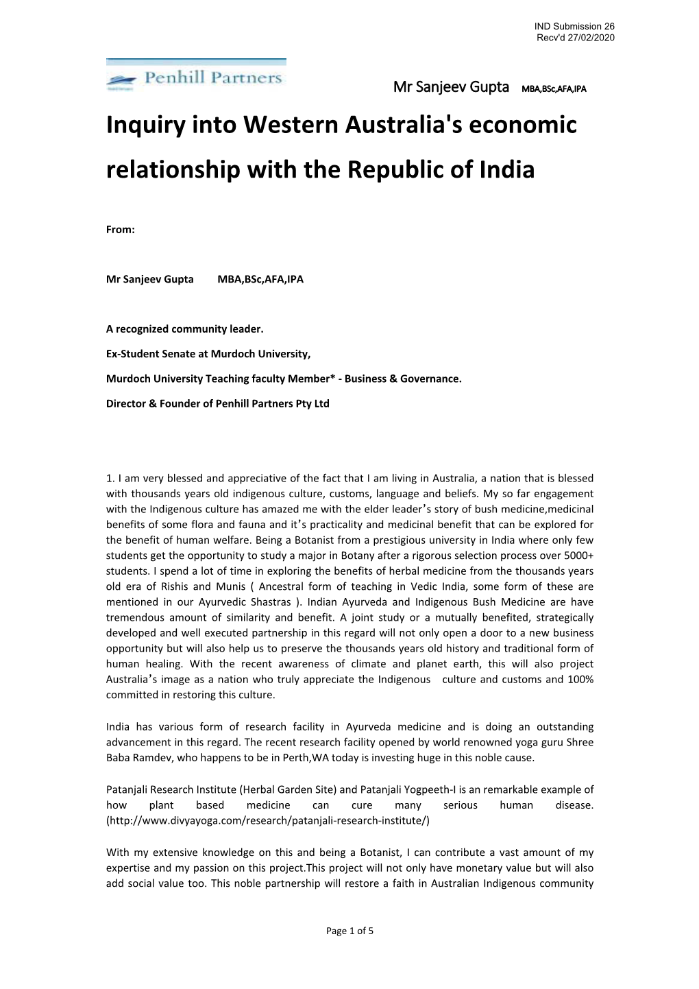 Inquiry Into Western Australia's Economic Relationship with the Republic of India