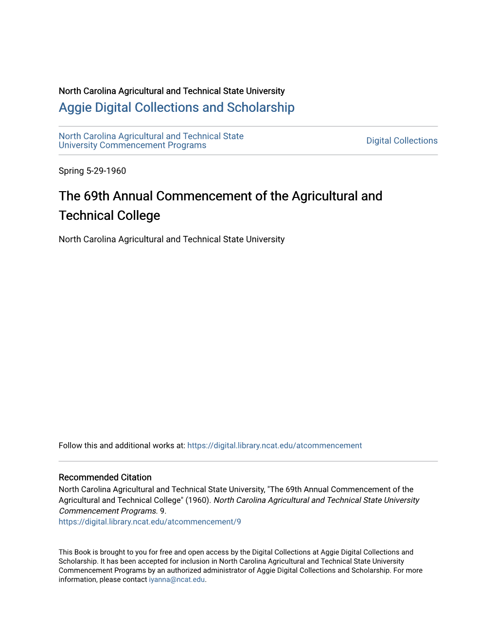 The 69Th Annual Commencement of the Agricultural and Technical College