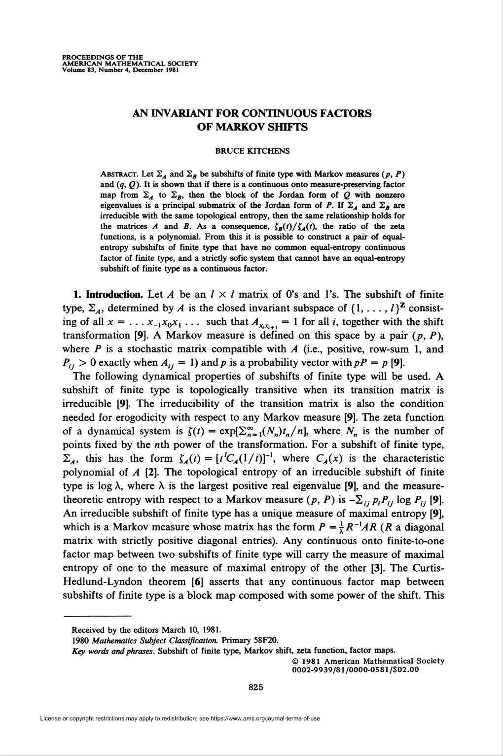 An Invariant for Continuous Factors of Markov Shifts