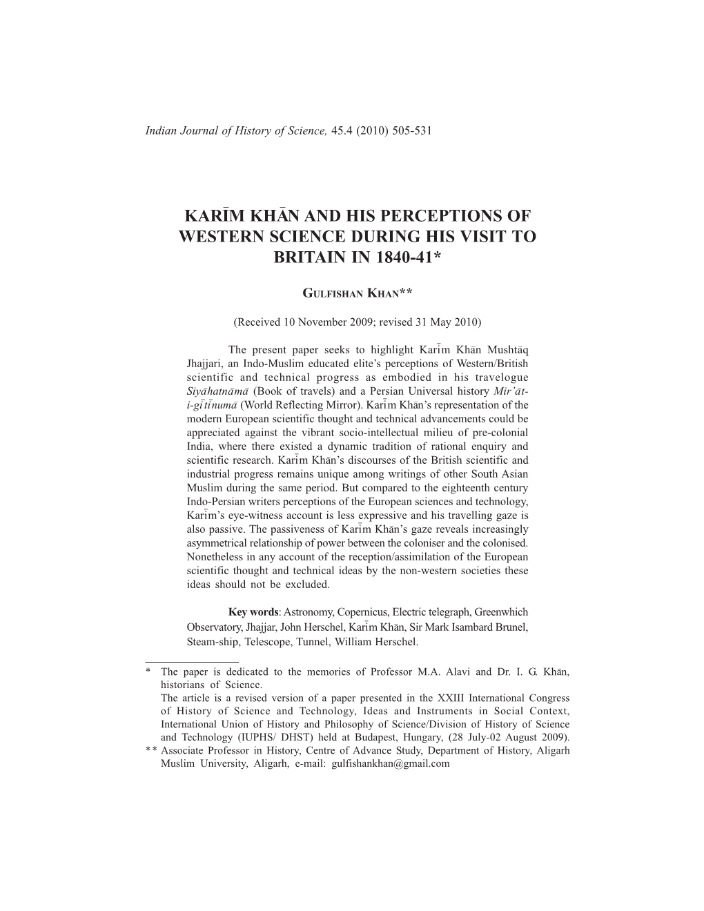 Karim Khan and His Perceptions of Western Science During His Visit to Britain in 1840-41*