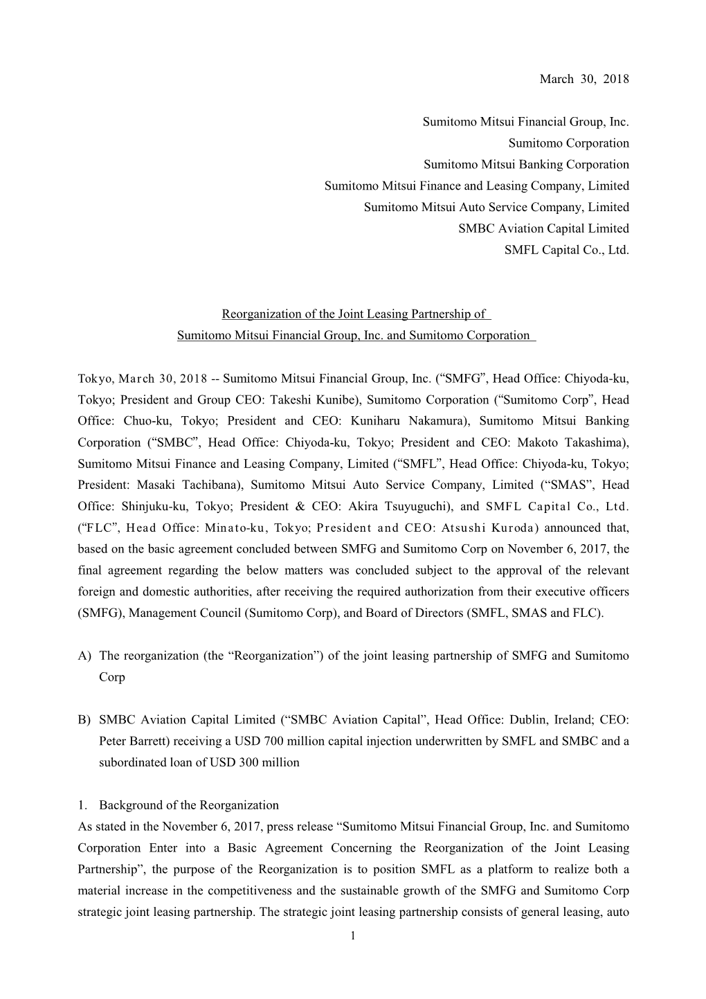 March 30, 2018 Sumitomo Mitsui Financial Group, Inc. Sumitomo