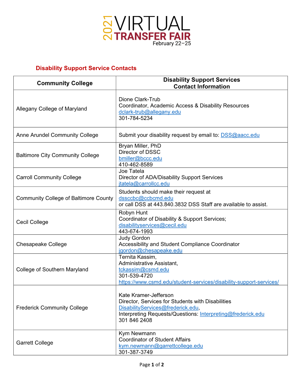 Disability Support Service Contacts Disability Support Services Community College Contact Information