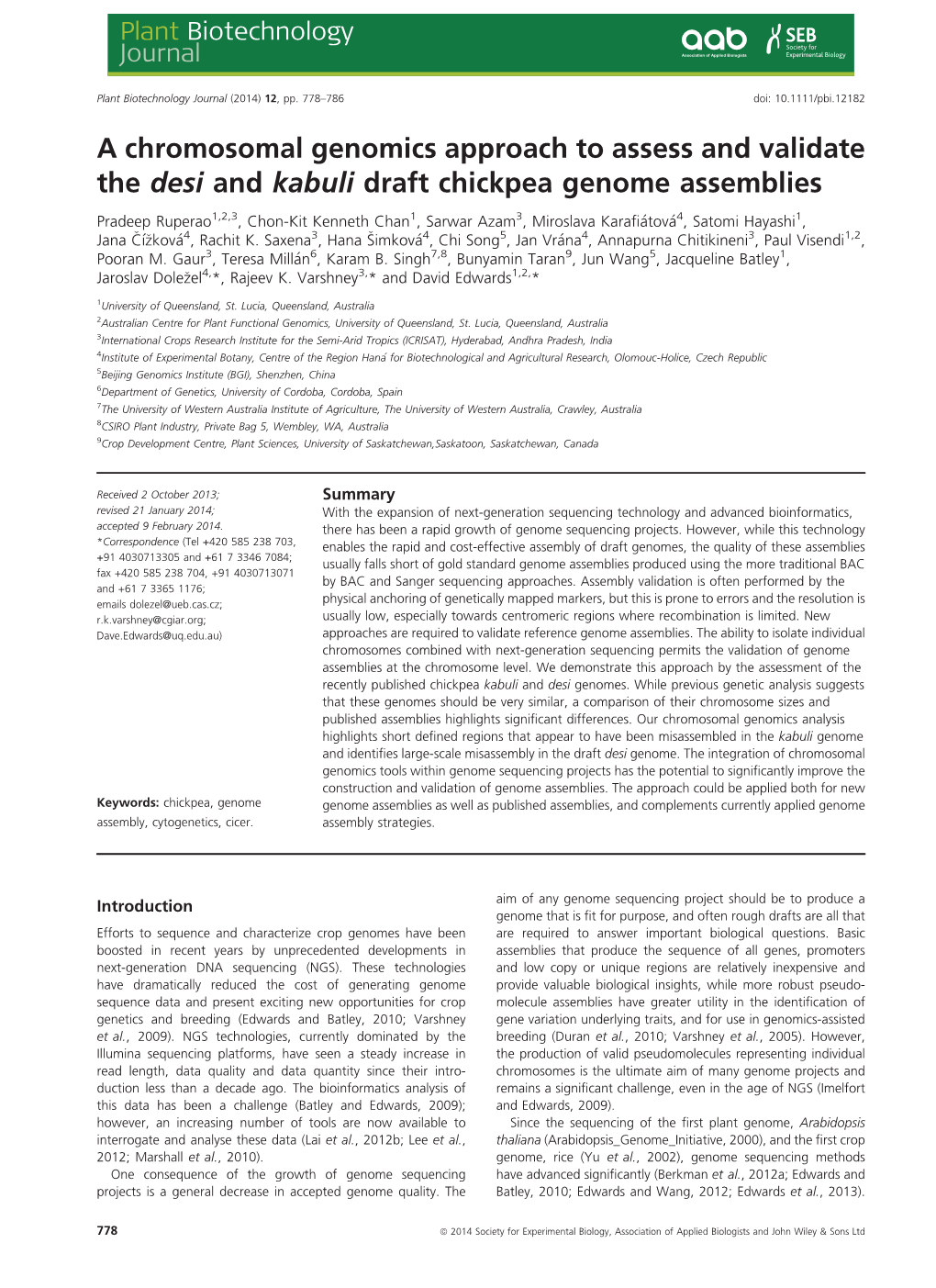 A Chromosomal Genomics Approach to Assess and Validate the Desi and Kabuli Draft Chickpea Genome Assemblies