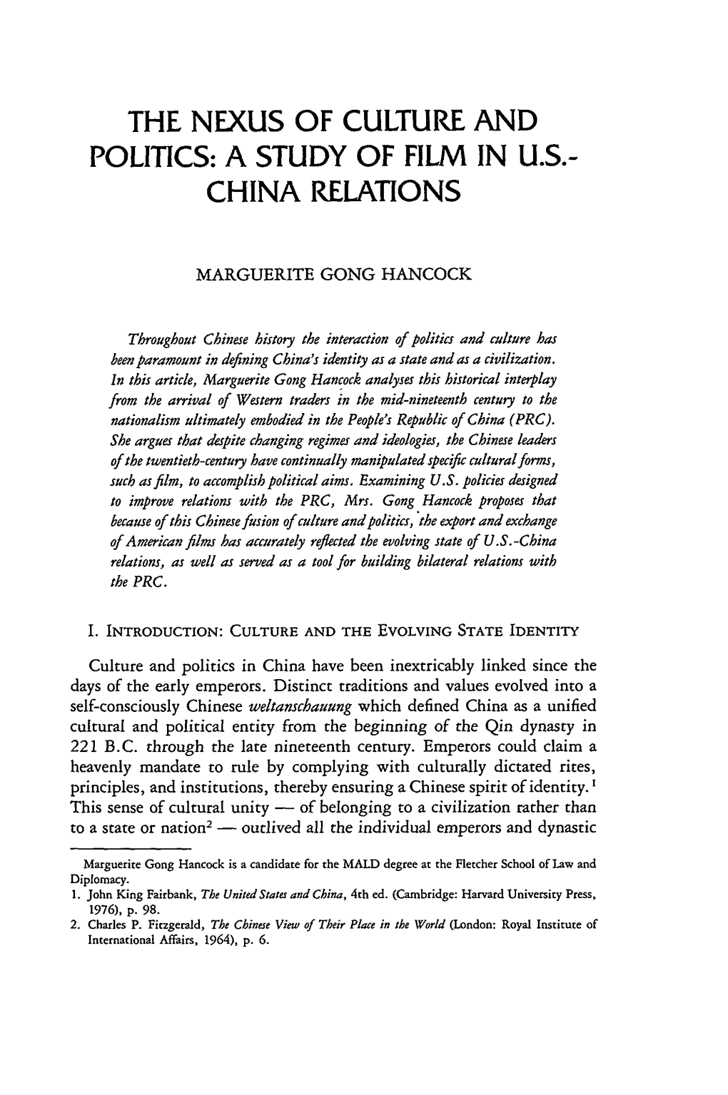 Nexus of Culture and Politics: a Study of Film in U.S. China Relations