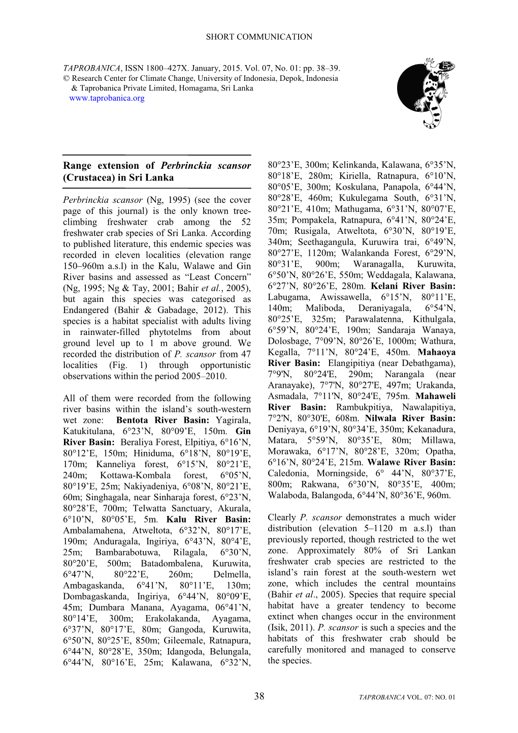 38 Range Extension of Perbrinckia Scansor (Crustacea) in Sri Lanka