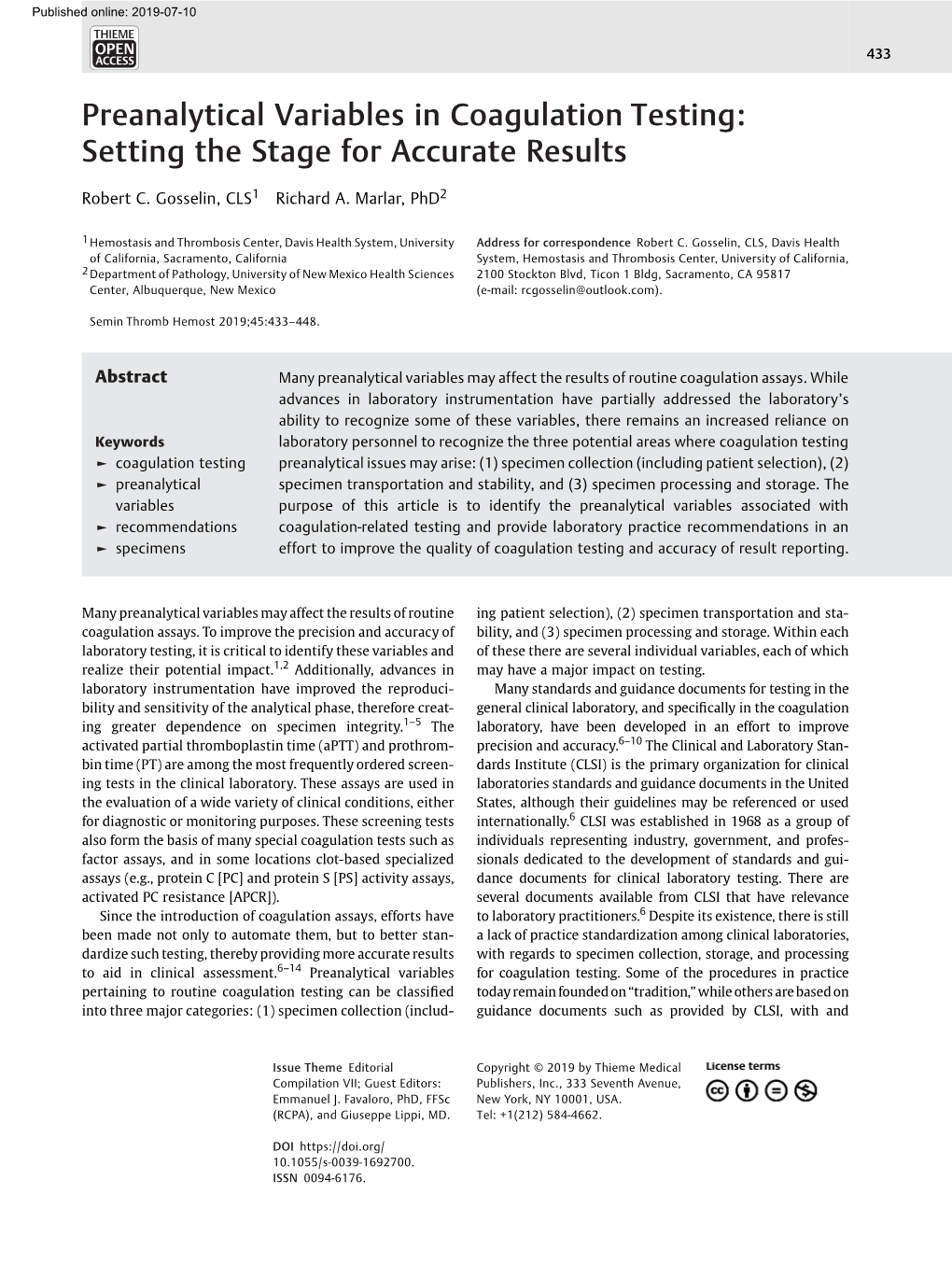 Preanalytical Variables in Coagulation Testing: Setting the Stage for Accurate Results