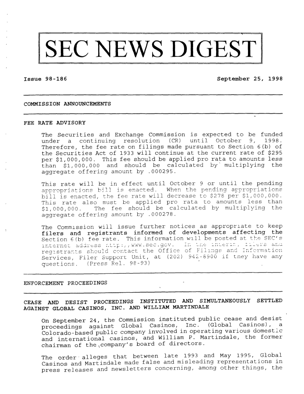 SEC News Digest, 09-25-1998
