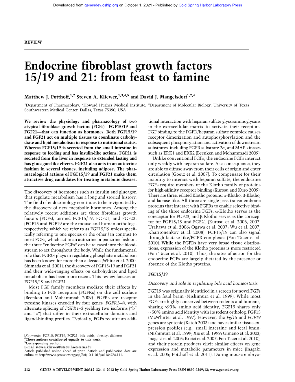 Endocrine Fibroblast Growth Factors 15/19 and 21: from Feast to Famine