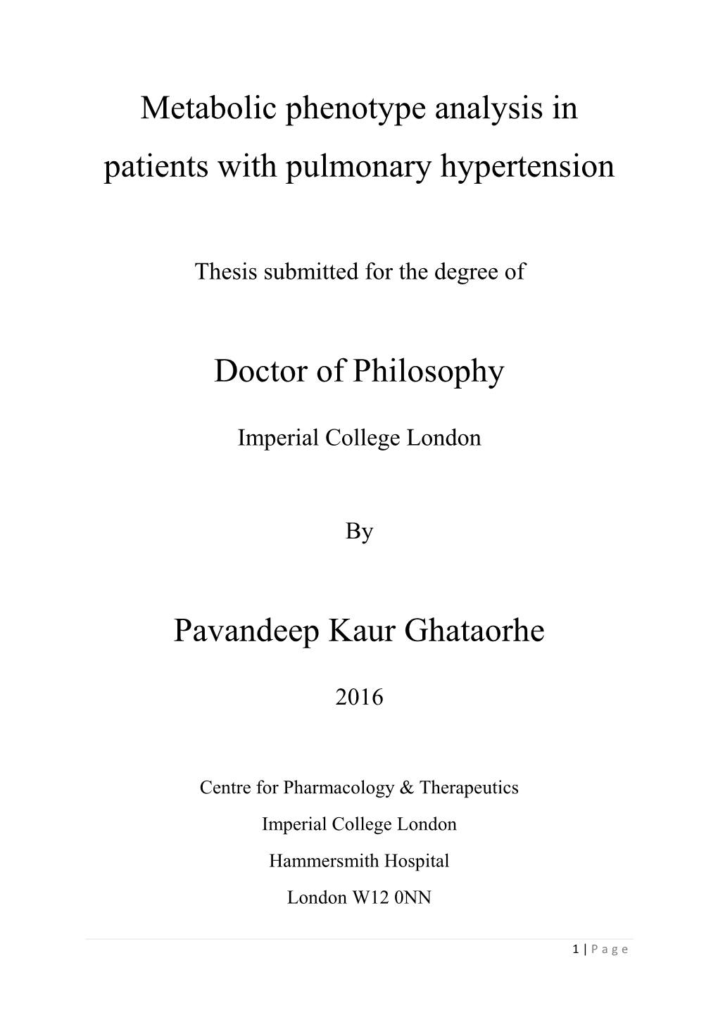 Metabolic Phenotype Analysis in Patients with Pulmonary Hypertension