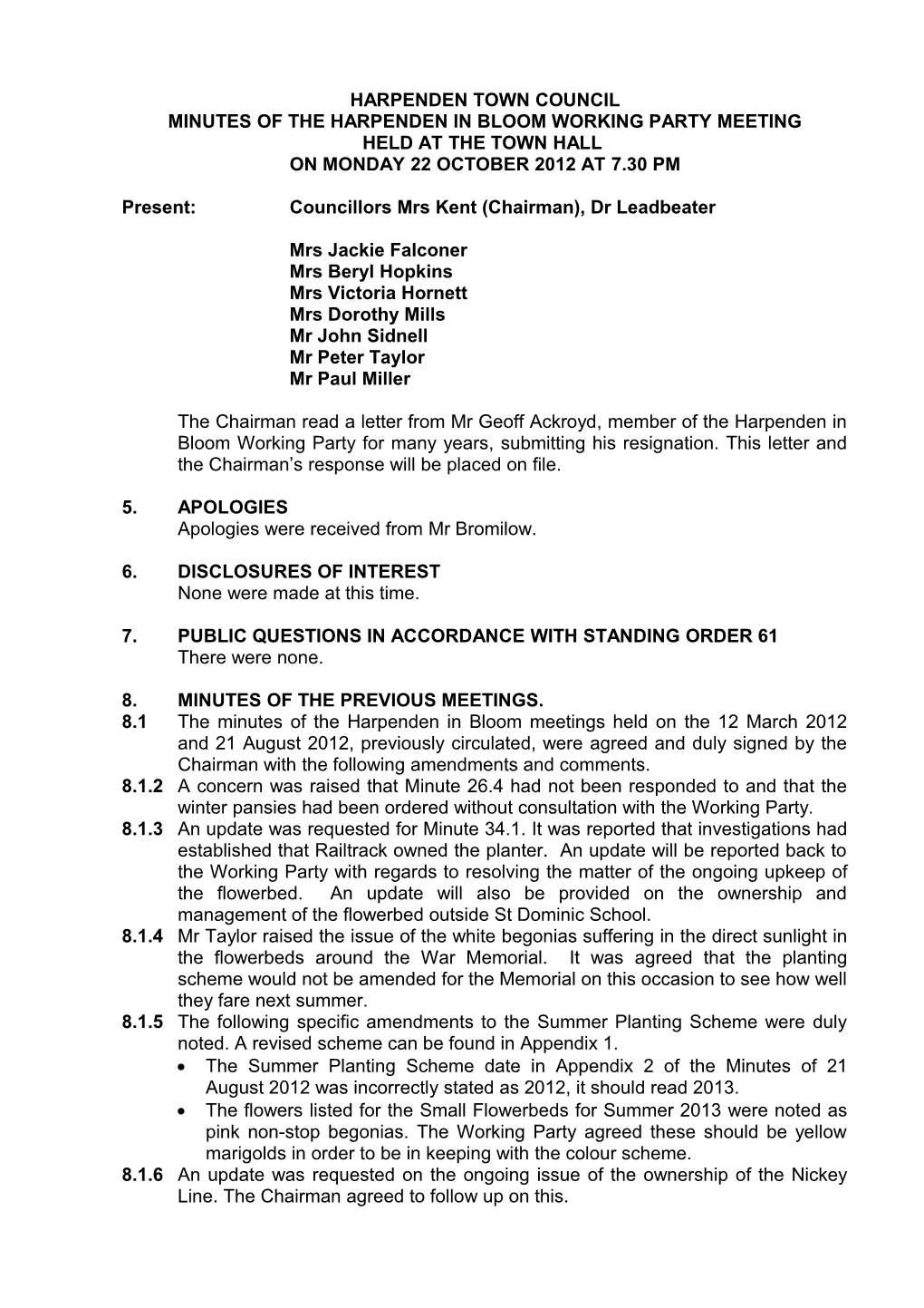 Minutes of the Harpenden in Bloom Working Party Meeting