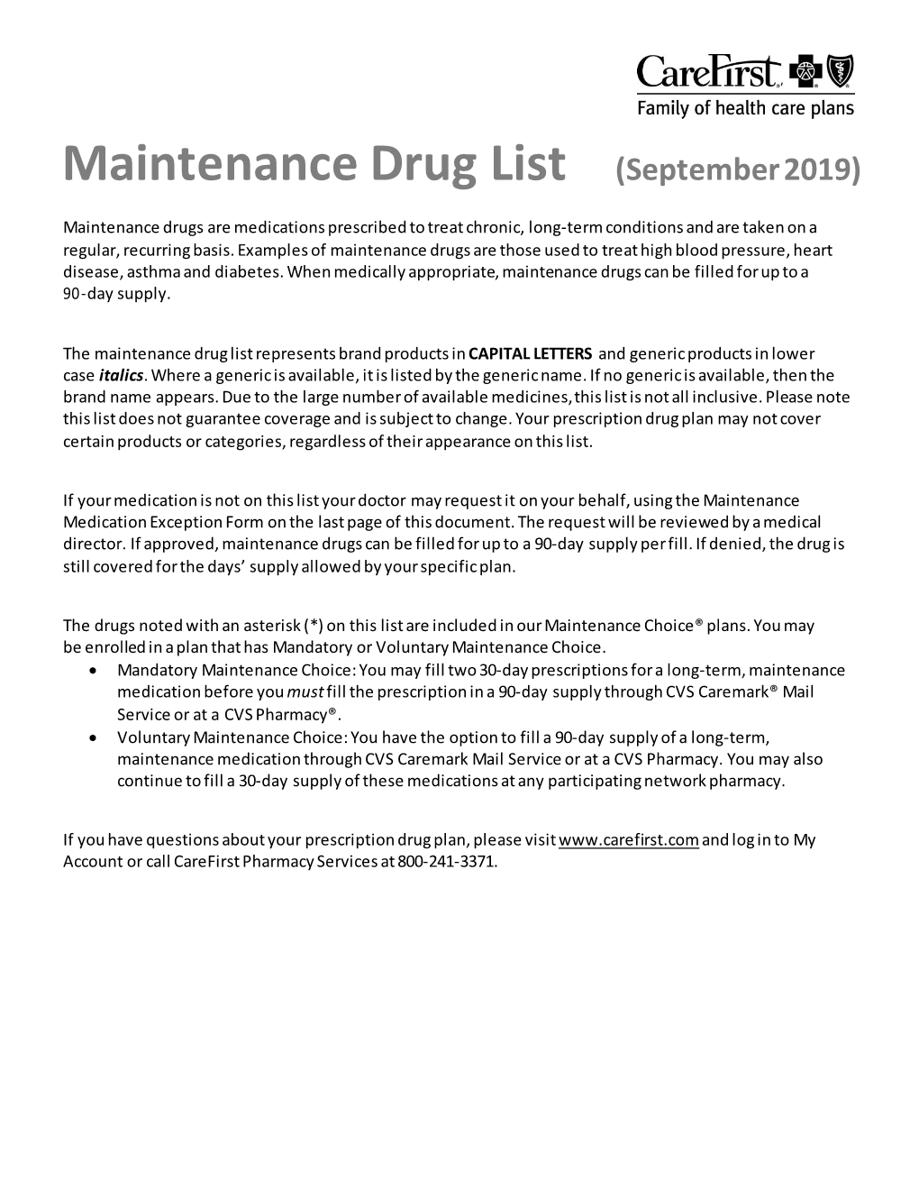 Maintenance Drug List (September 2019)