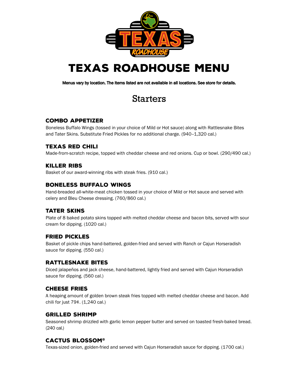 Texas Roadhouse Food and Drink Menu