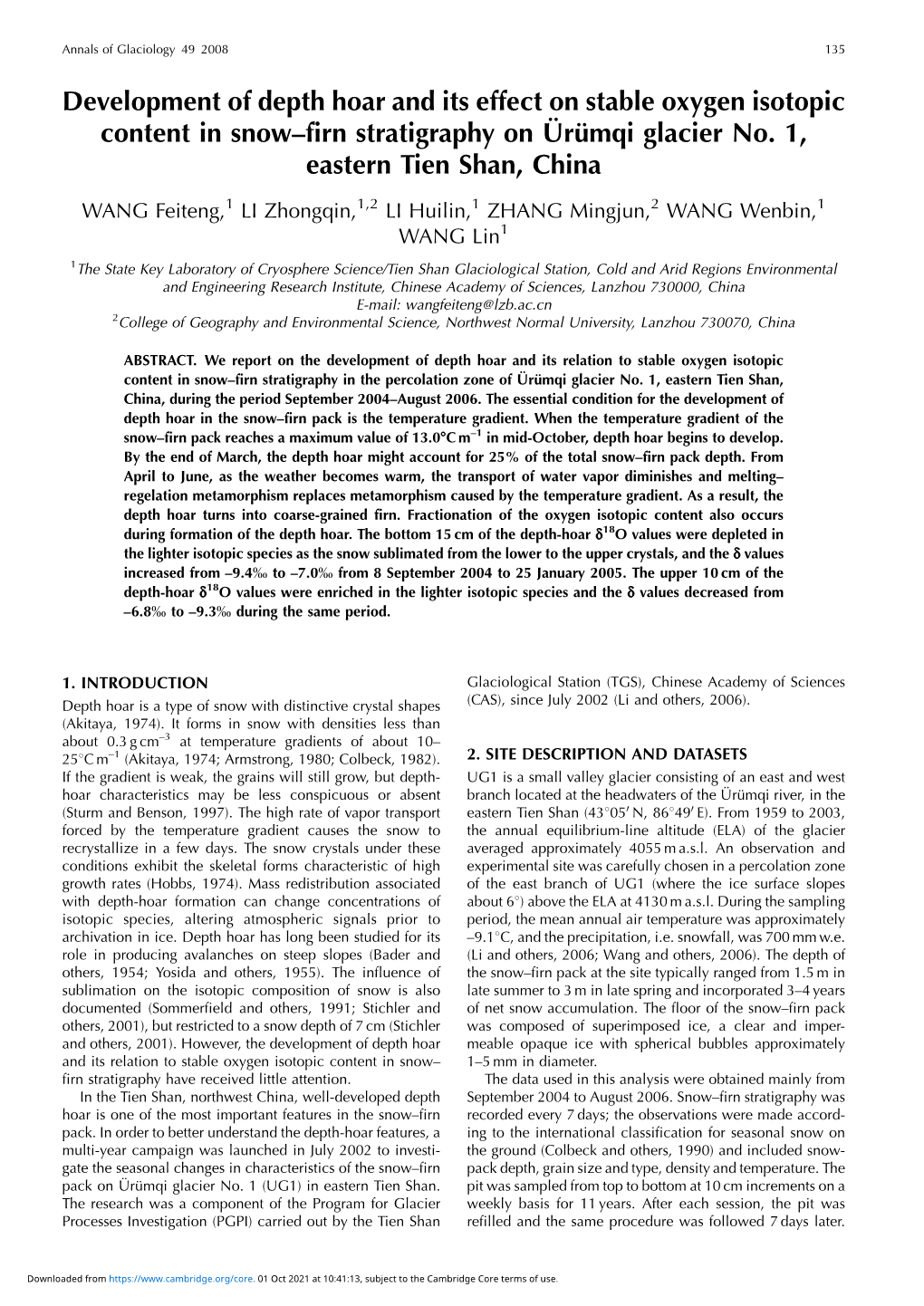 Development of Depth Hoar and Its Effect on Stable Oxygen Isotopic Content in Snow–Firn Stratigraphy on U¨ Ru¨Mqi Glacier No