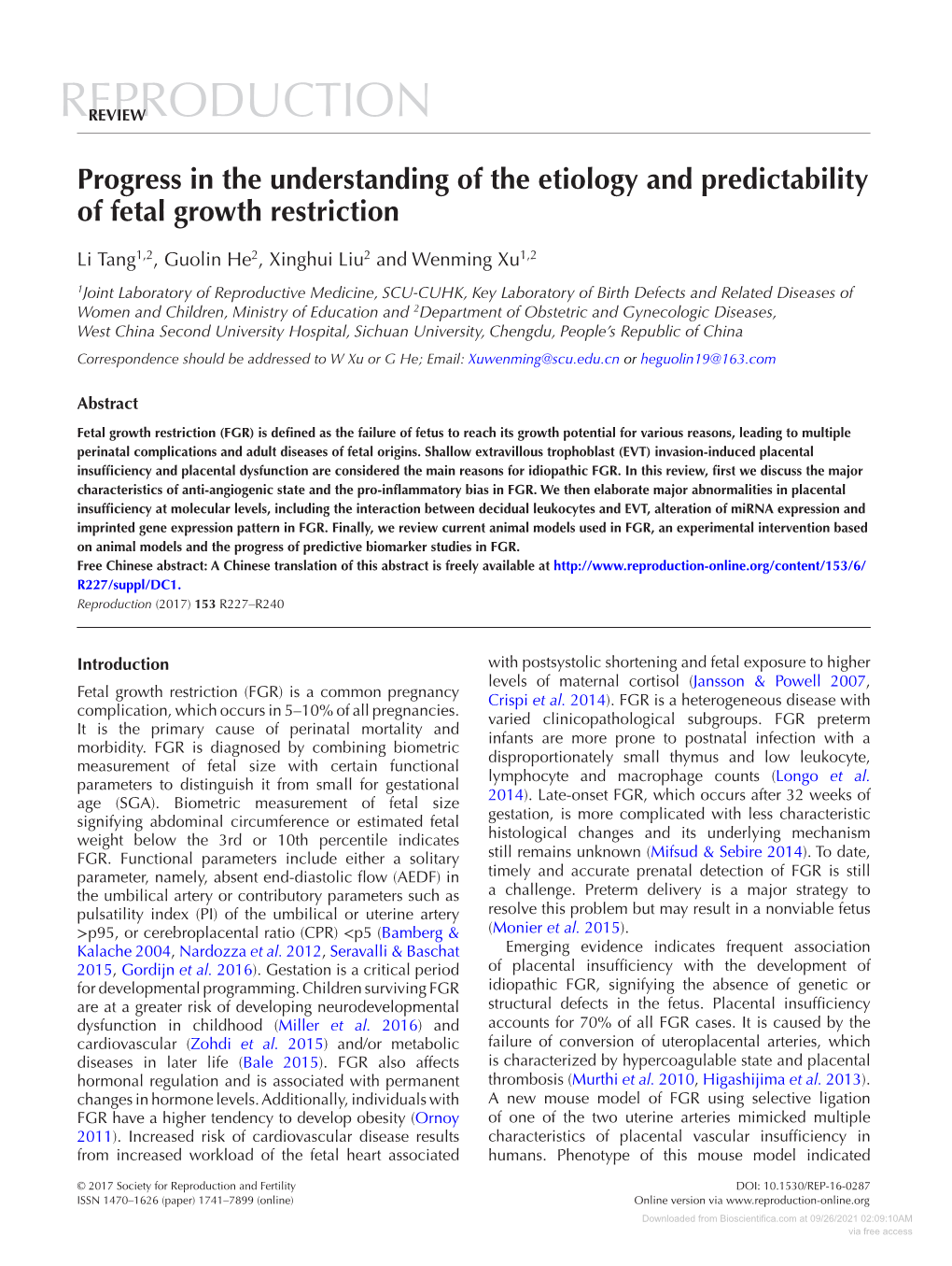 Progress in the Understanding of the Etiology and Predictability of Fetal Growth Restriction