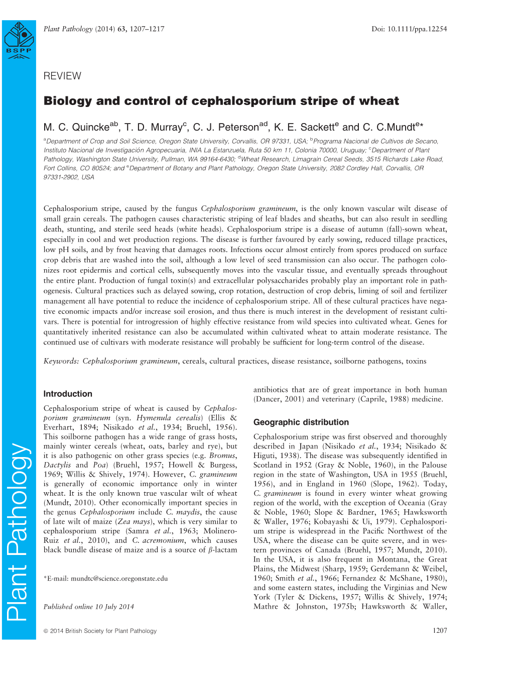 Biology and Control of Cephalosporium Stripe of Wheat (Pdf)