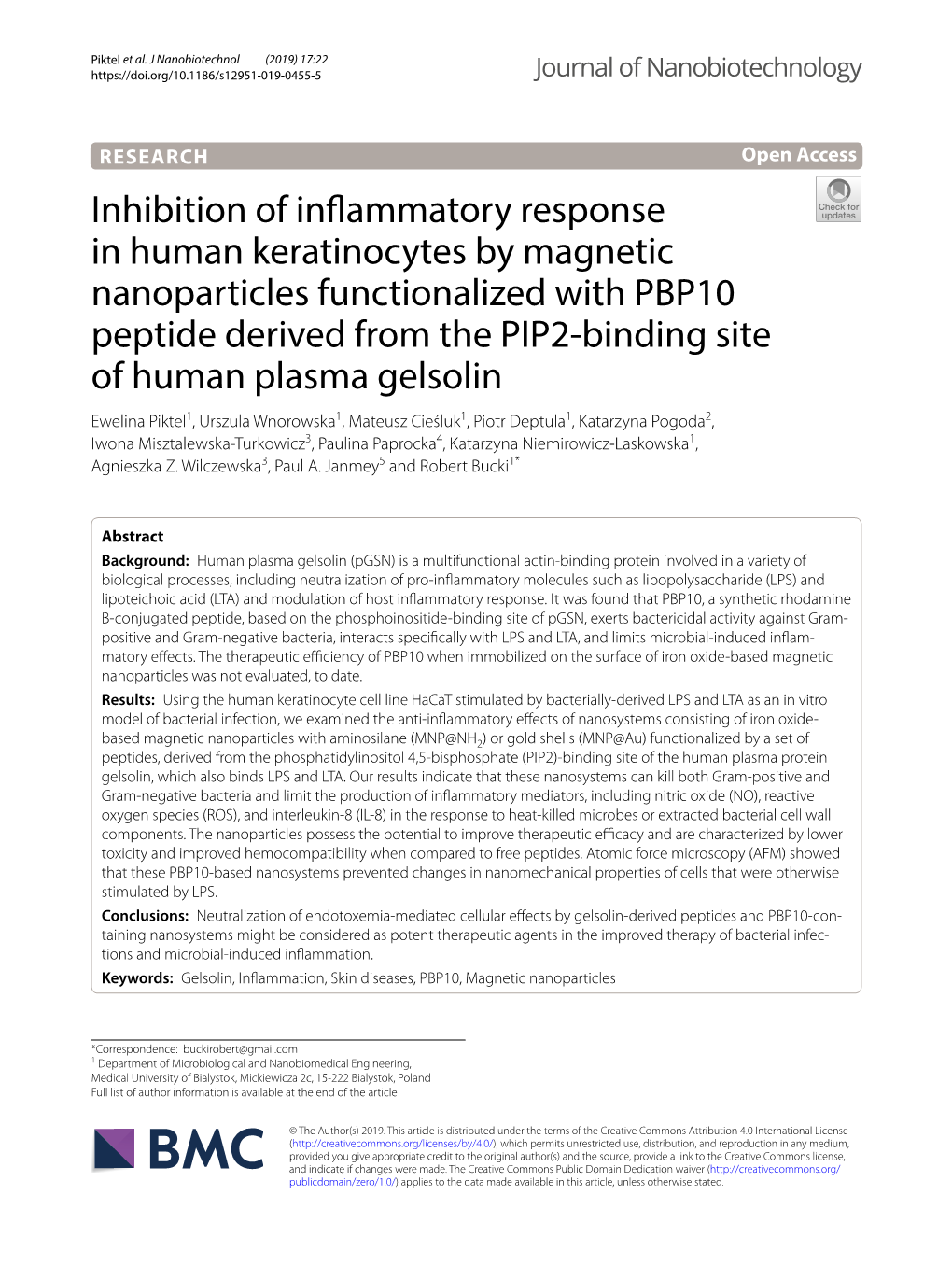 Inhibition of Inflammatory Response in Human Keratinocytes by Magnetic Nanoparticles Functionalized with PBP10 Peptide Derived F