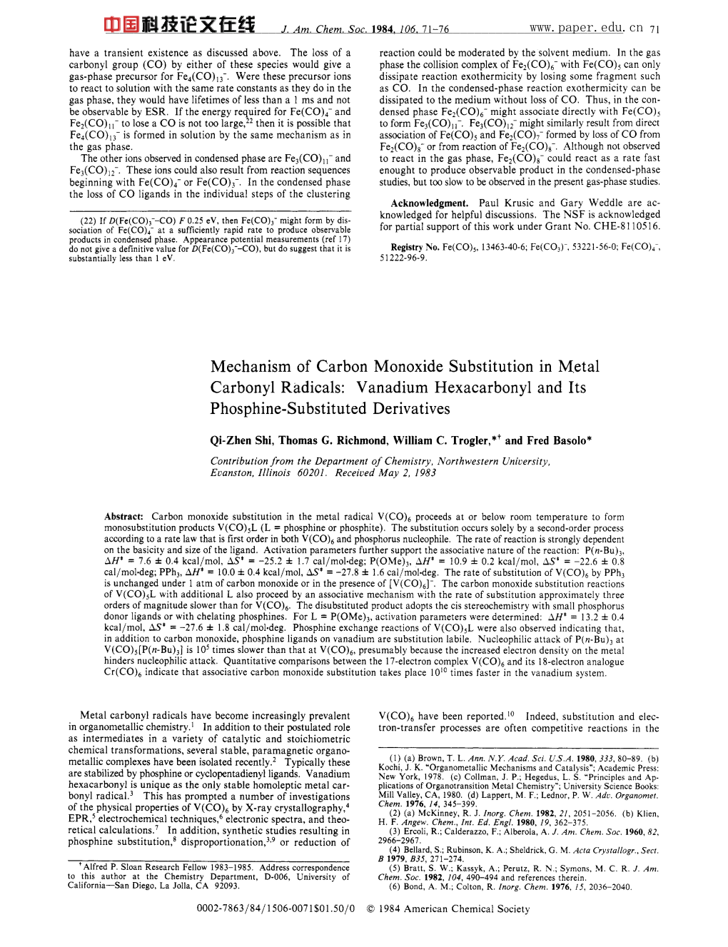 Vanadium Hexacarbonyl and Its Phosphine-Substituted Derivatives