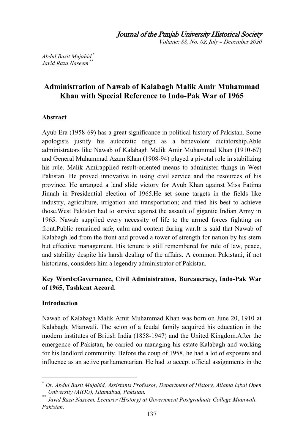 Administration of Nawab of Kalabagh Malik Amir Muhammad Khan with Special Reference to Indo-Pak War of 1965