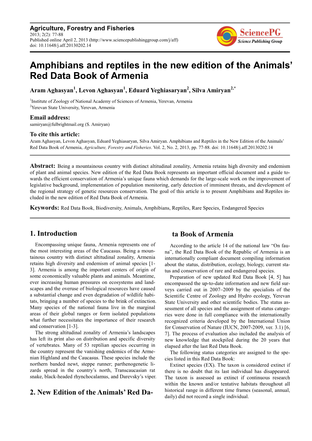 Amphibians and Reptiles in the New Edition of the Animals' Red Data Book of Armenia