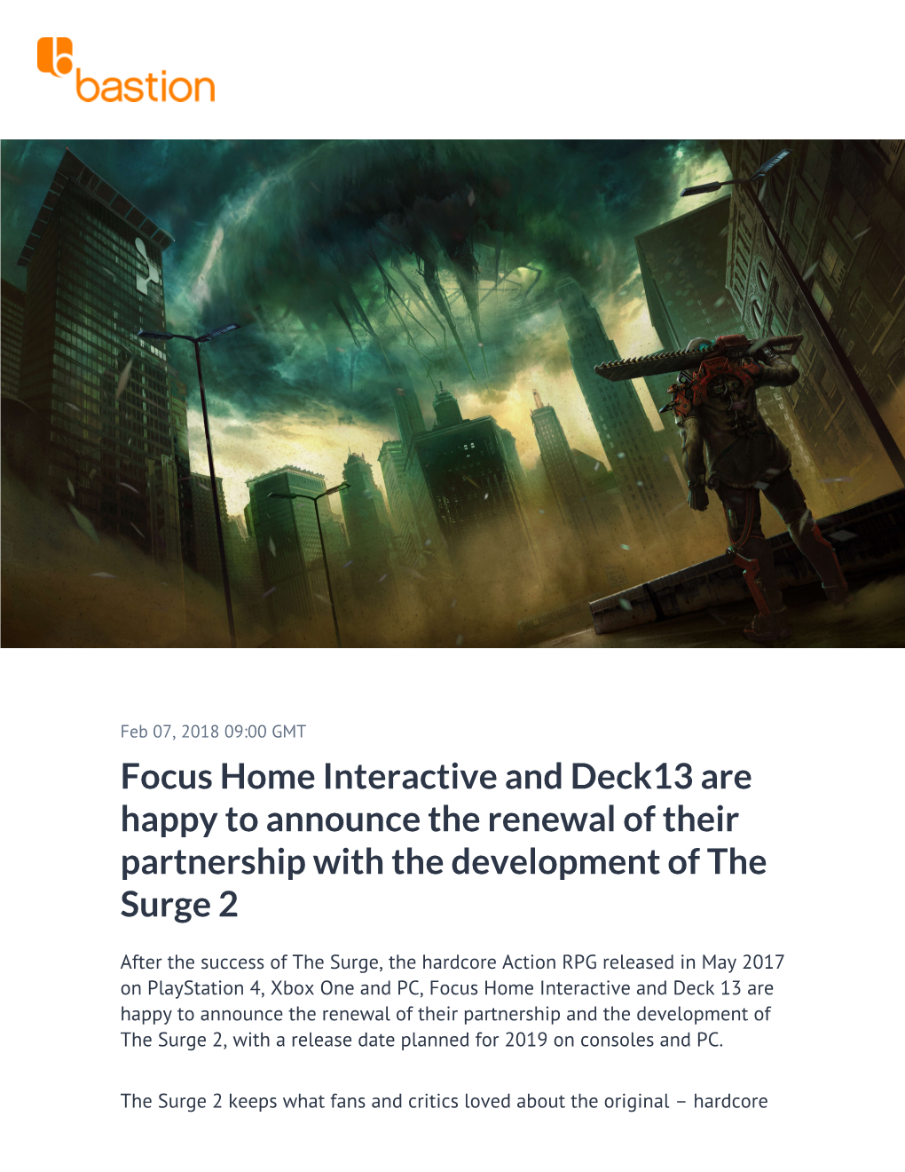 Focus Home Interactive and Deck13 Are Happy to Announce the Renewal of Their Partnership with the Development of the Surge 2