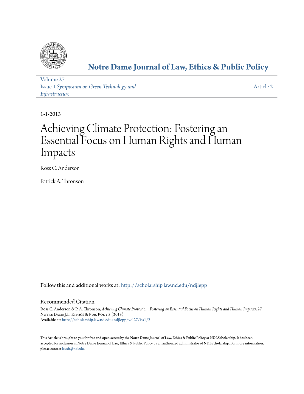 Achieving Climate Protection: Fostering an Essential Focus on Human Rights and Human Impacts Ross C