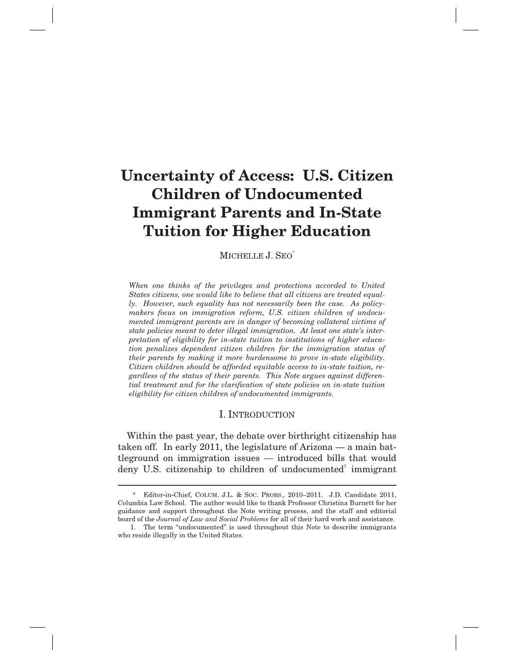 U.S. Citizen Children of Undocumented Immigrant Parents and In-State Tuition for Higher Education